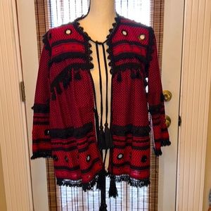 Dodo Bar Or Red & Black Embroidered Tassel Tie Blouse Size Large EUC